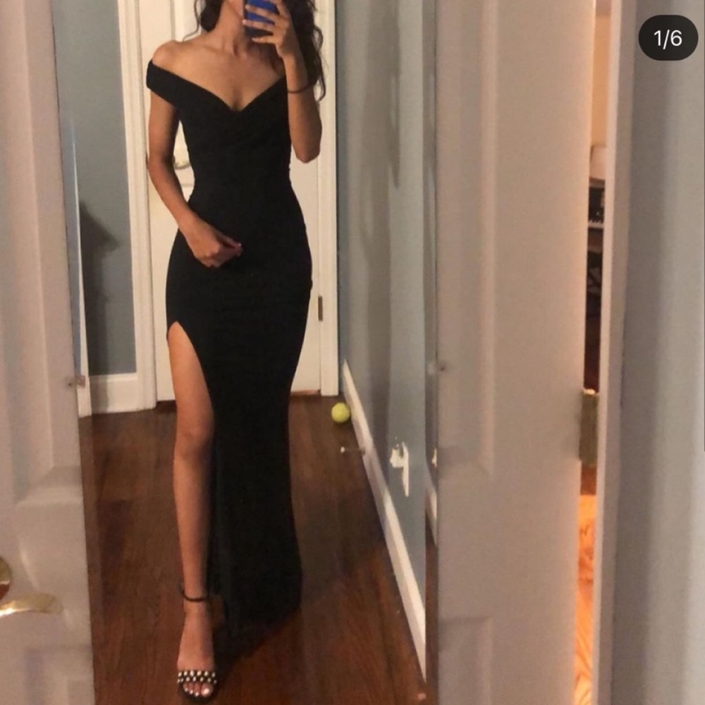 Black off the shoulder wedding guest dress with slit